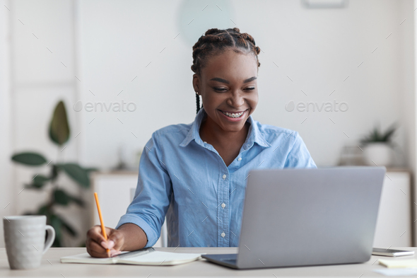 Online Education. Young Black Female Student Using Laptop At Home ...