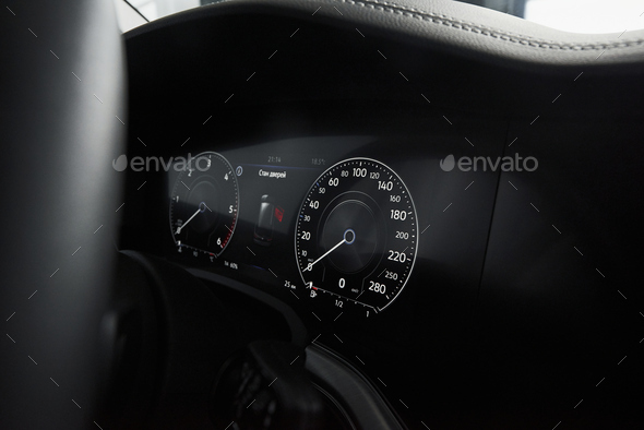 Interior of a prestigious modern black car. Leather comfortable seats and accessories and steering - Stock Photo - Images