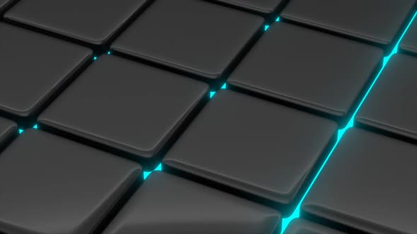 Black squares with reflections from blue or ciyan light. Seamless video