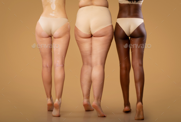 Rear View Of Three Women With Different Body Types In Underwear
