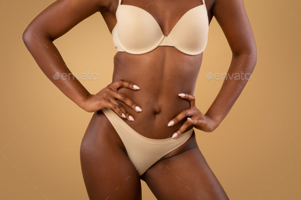 Cropped Shot Of Slim African American Woman In Underwear Over