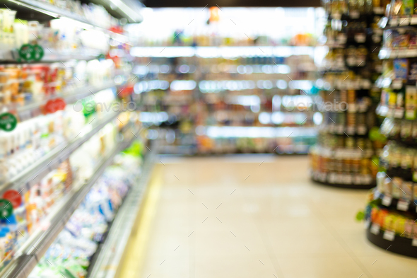 Blurry Supermarket Background, Grocery Store Aisle With Products On Shelves  Stock Photo by Prostock-studio