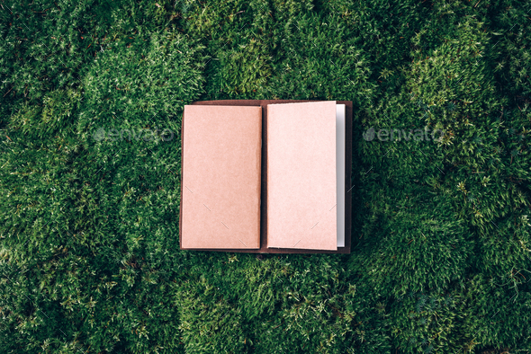 Craft notebook, sketch book on fresh spring green grass, moss background. Copy space. Top view. Wild