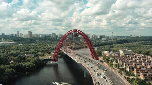 Aerial Drone Zoom in of a Modern Cablestayed Bridge in Moscow Russia