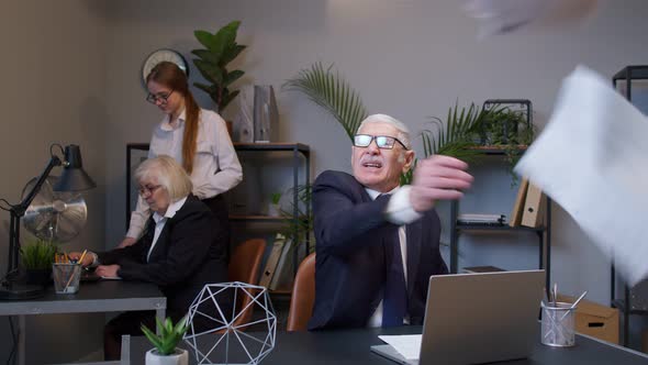 Displeased Upset Mature Businessman Accountant Throwing Documents After Analyzing Financial Papers alt