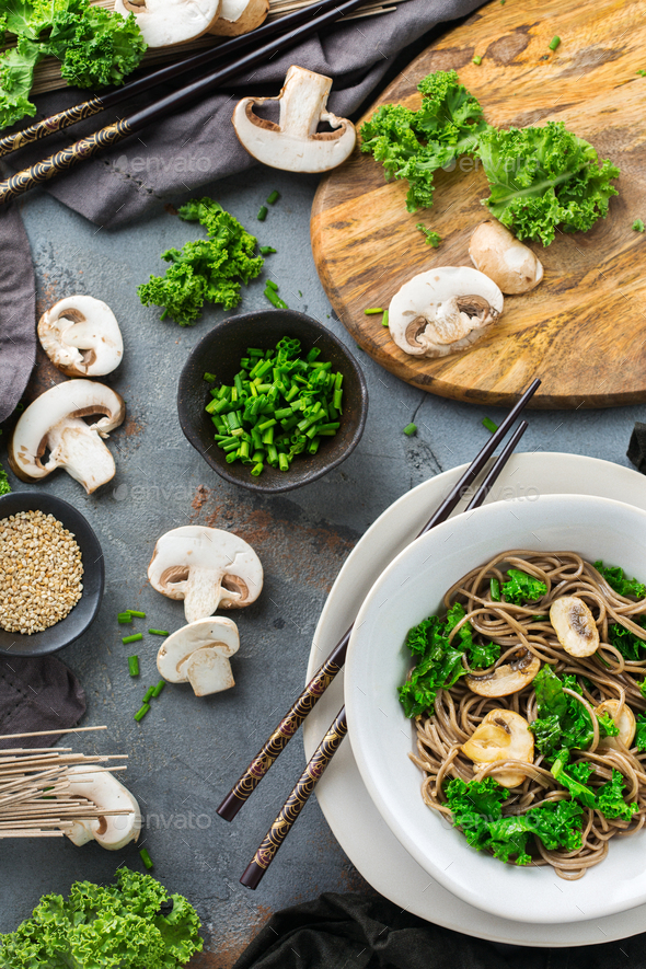 Buckwheat soba noodles soup ingredients for asian chinese japanese food