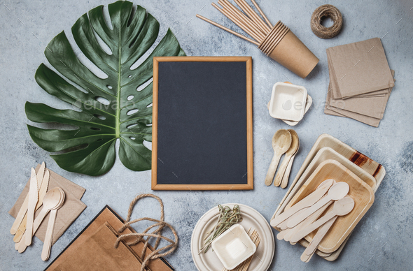 Recycling or eco-friendly tableware mock up, - Stock Photo - Images