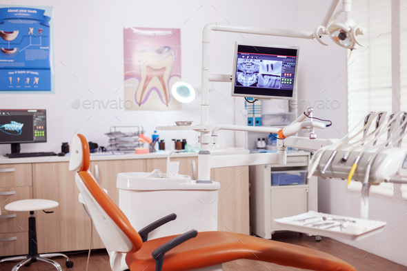 Interior of modern dentist cabinet and medical chair