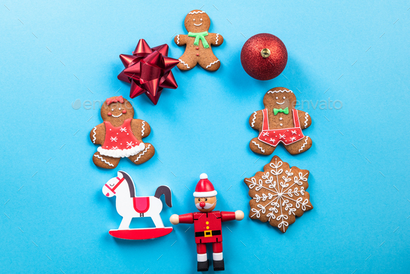 Colorful Christmas Greeting Card. Vintage Toys and Gingerbread Cookies.