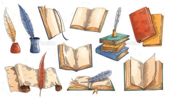 Books and literature quills sketch