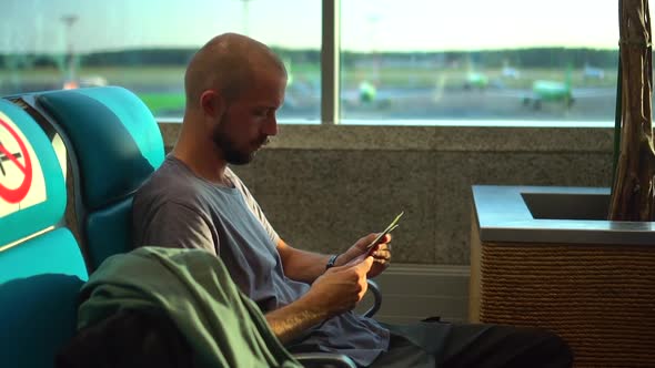 Airport and Travel of Man Passenger Holding Documents and Keeping Distance During Quarantine Spbd alt