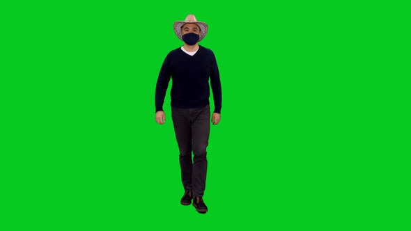 Stylish Confident Man In Protective Mask And Cowboy Hat Walking on Green Screen