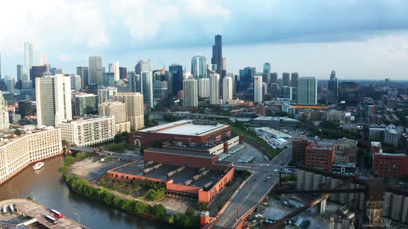 Drone aerial of Chicago downtown city skyline with large urban buildings alt