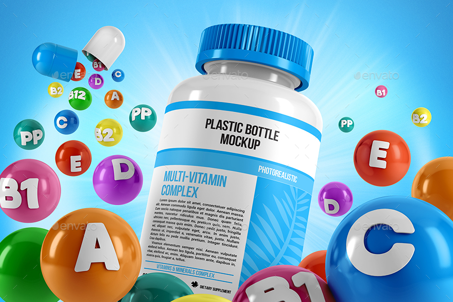 Download Plastic Pill Bottle With Colorful Vitamins Mockup ... Free Mockups
