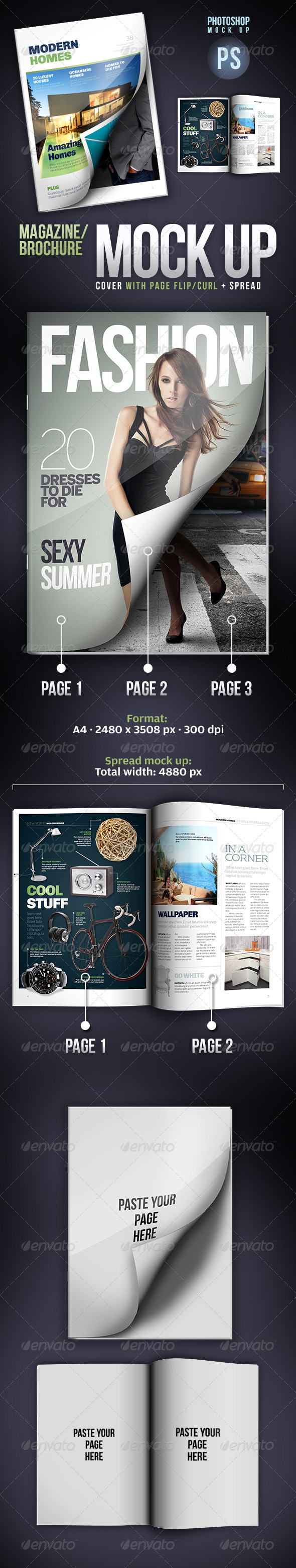 Cover Mock-up Page Flip/Curl + Spread Mock-up - Magazines Print