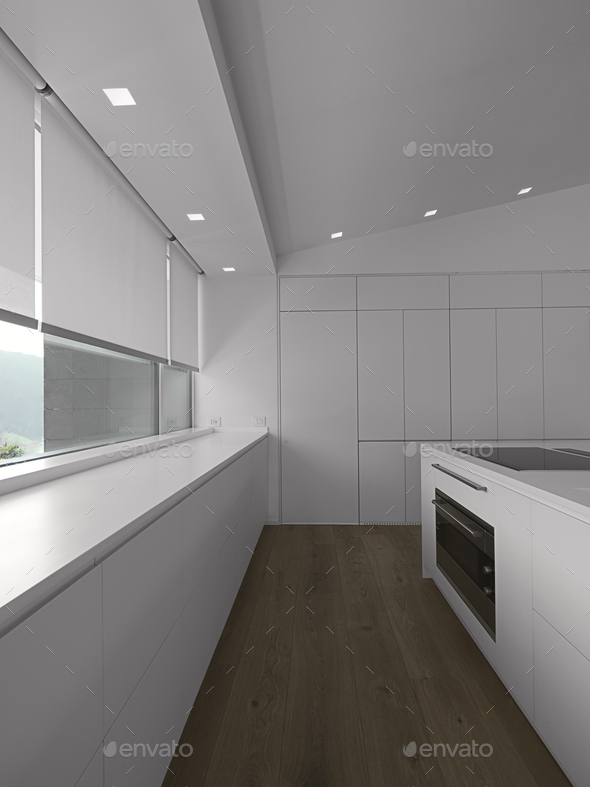 interiors shots of a modern white kitchen with parquet flooring