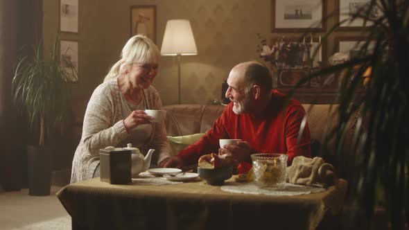 Senior Couple Drinking Tea and Talking in Morning alt