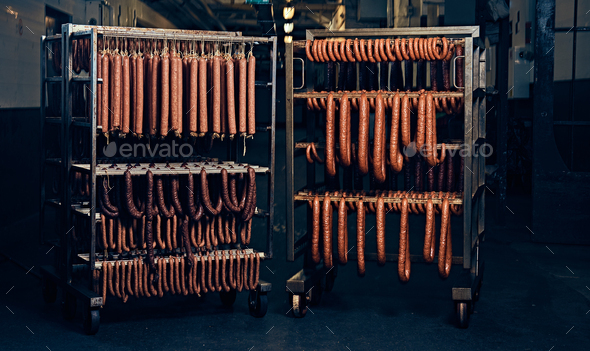 Sausages in the factory storage.