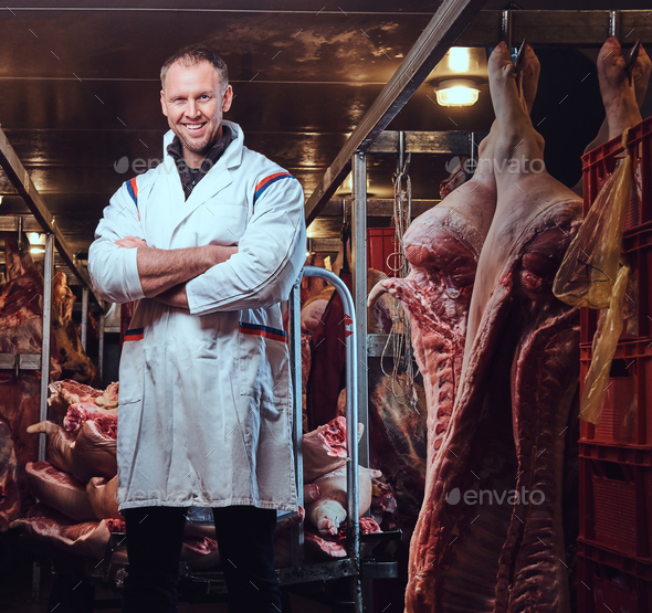 The butcher in a meat freezer storage.