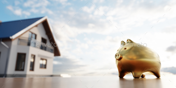 Piggybank and new house, saving for home, mortgage. - Stock Photo - Images