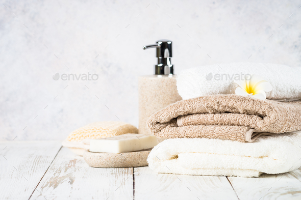 Download Bathroom Background With Ceramic Soap And Towels At The Table Stock Photo By Nadianb