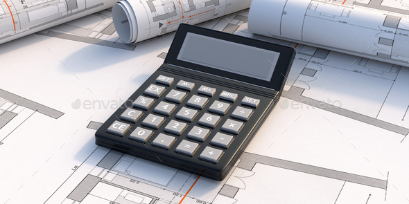Calculator on blueprint plans background. Construction budget concept. 3d  illustration Stock Photo by rawf8