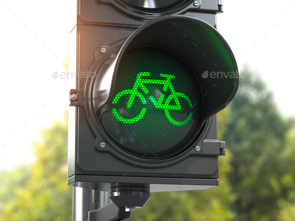 Bicycle green signal on traffic light. Free bike road or zone for bikes. Bike friendly politics