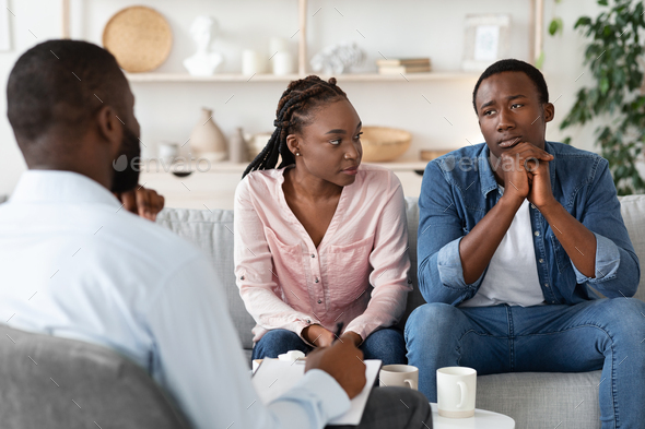Family Counseling. Young Black Spouses Having Meeting At Marriage Therapist Office