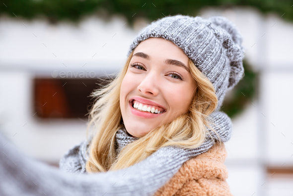 Winter Outdoor Fashion Shoot Attractive Blonde Stock Photo