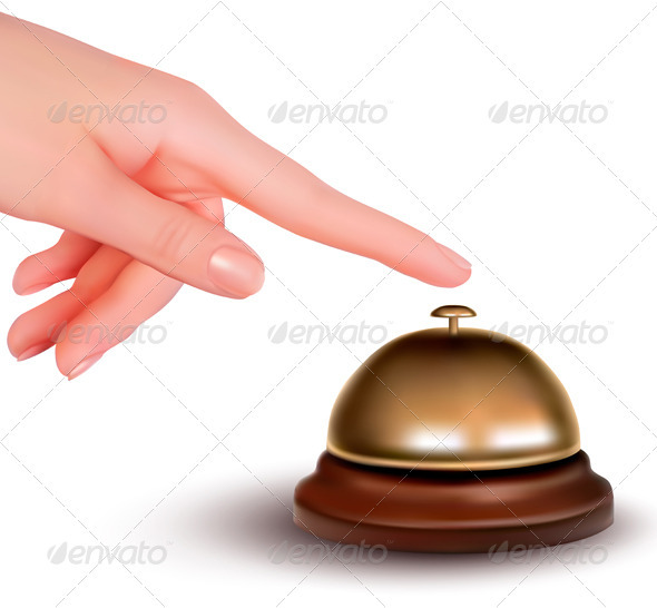 Hand ringing the bell to call. Service desk - Concepts Business