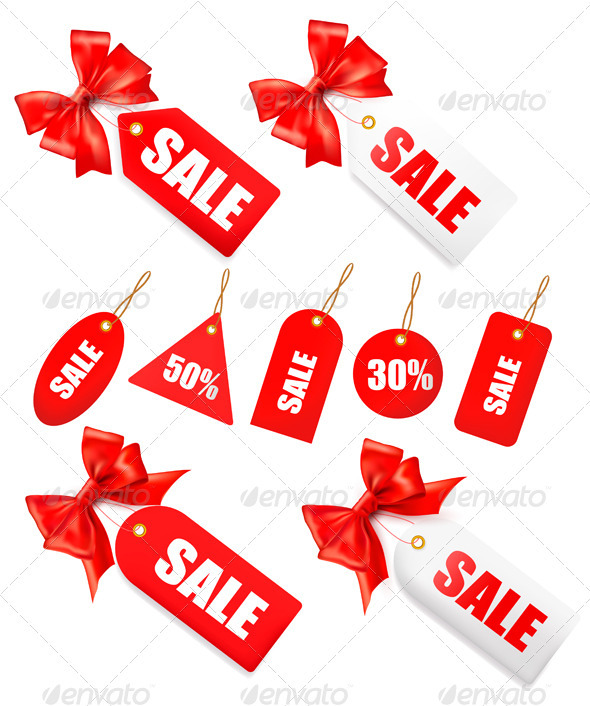 Big set of sales tags with red gift bows - Decorative Symbols Decorative