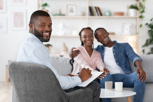 Family Psychotherapy. Happy Black Spouses And Marital Counselor Posing After Successful Therapy