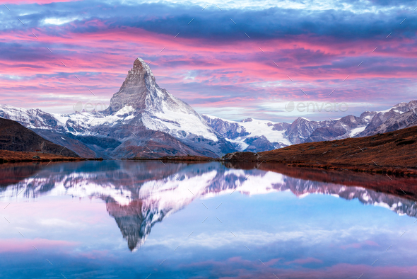 Matterhorn peak on Stellisee lake - Stock Photo - Images