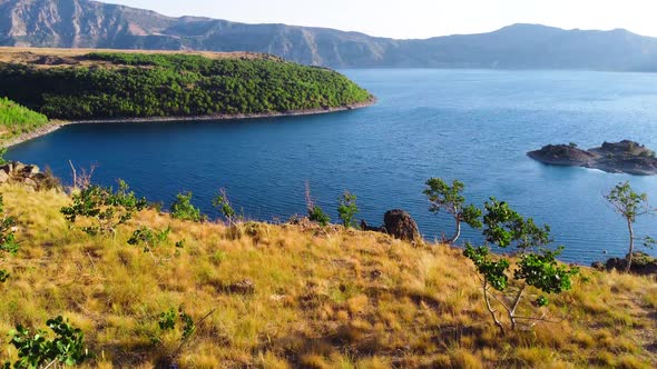 Beautiful Aerial View Landscape in Mountain and Hills with Forest and Lake in Summer Sunny Weather alt