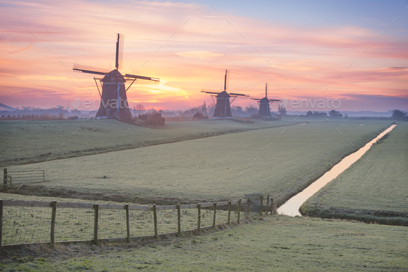 Frost on the meadow with three windmills at sunrise - Stock Photo - Images