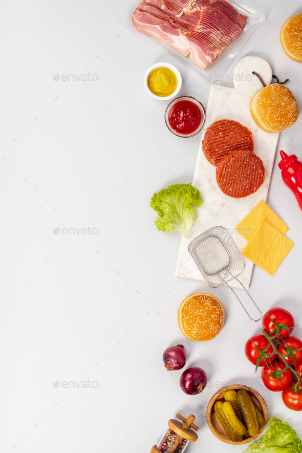 Ingredients for making Homemade hamburgers, flat lay, copy space - Stock Photo - Images