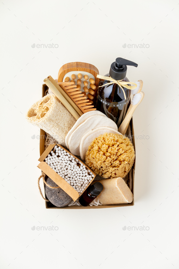 Zero waste beauty body care items on color paper background - Stock Photo - Images