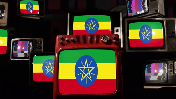 Flag of Ethiopia on Retro TVs. 4K.