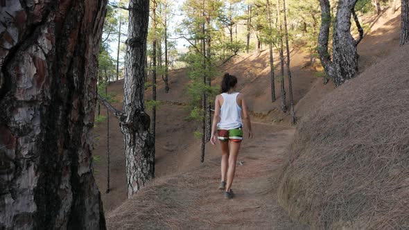 Young Active Woman Hiking Along Beautiful Green Forest Taburiente National Park