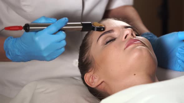 Woman in Spa Salon Getting Facial Rejuvenation Procedure alt