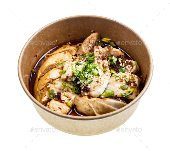 portion of Sichuan style chicken in paper bowl - Stock Photo - Images