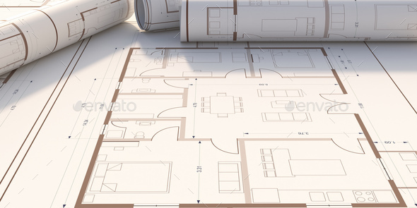 Residential Building Blueprint Plans Banner 3d Illustration Stock Photo By Rawf8