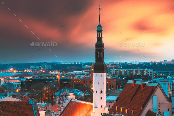 Tallinn, Estonia. Night Sunset Sky Above Traditional Old Architecture Skyline In Old Town. Church Of