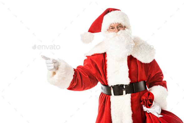 3D Christmas white . Santa Claus pointing with one hand to Stock