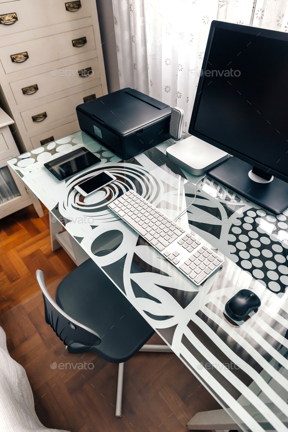 Workstation with table, chair, computer and printer - Stock Photo - Images