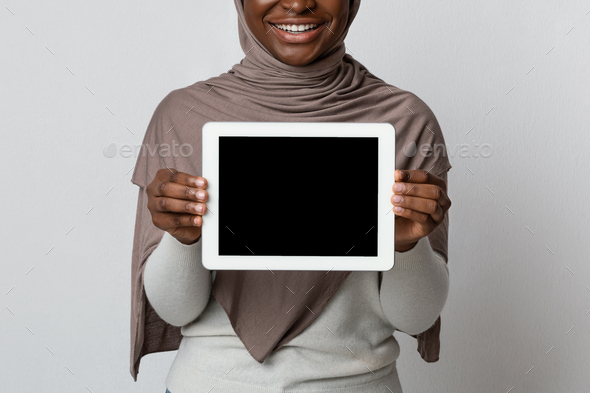 Download Digital Tablet With Black Screen In Hands Of Unrecognizable Woman In Hijab Stock Photo By Prostock Studio