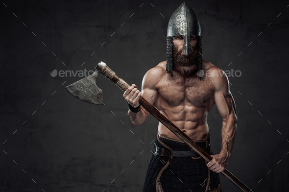 Shirtless viking with beard with his axe in dark background Stock Photo ...