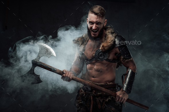 Violent viking warrior holding his two handed axe in fog Stock Photo by ...