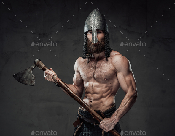 Shirtless viking with beard with his axe in dark background Stock Photo ...