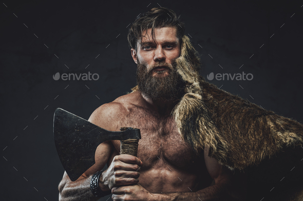 Wild And Shirtless Viking Posing In Dark Background With Axe Stock Photo By Fxquadro